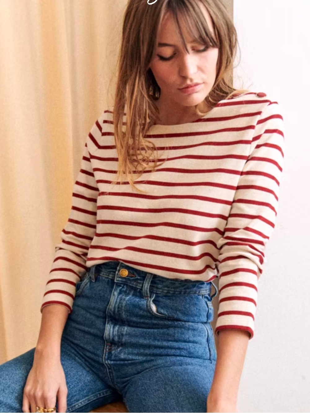 Sezane Cream and Red Striped Long Sleeve Top